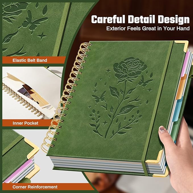Hardcover Spiral Notebook with 5 Removable Dividers Tabs 300 Pages Leather 5 Subject Notebook College Ruled 8"x10" Large B5 Notebooks for Work School Note taking Lined Journal for Women, Green
