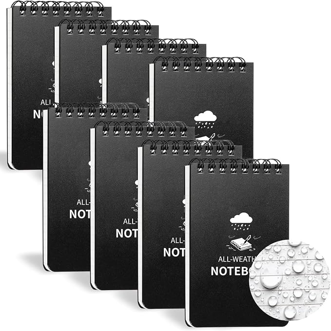 Waterproof Notebook, 8 Pack Pocket Notepad, 3" x 5 Top-Spiral NotePad Black | Weatherproof All Weather Police Pocket Notebook Mini Memo Steno Note Pads for Outdoor Office School Recording