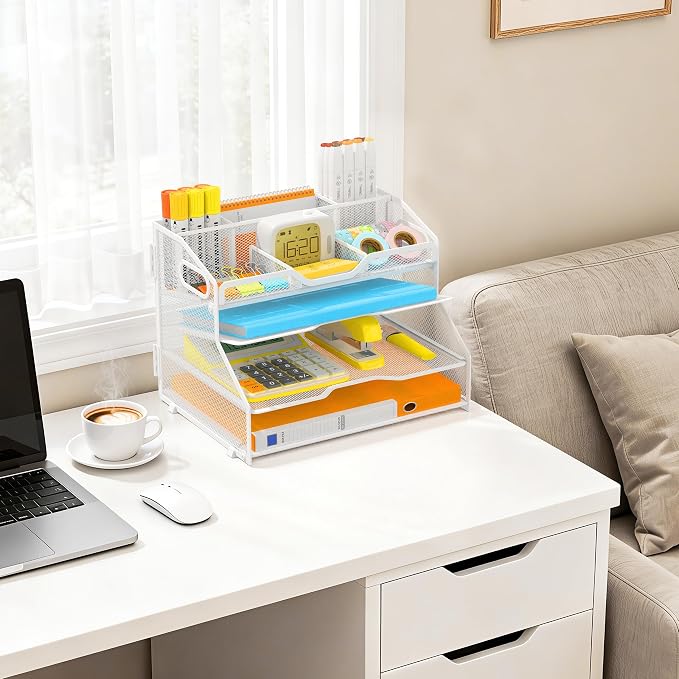 4 Tier Metal Desk Organizer with Magazine File Holder, White | Space saving workspace desk file trays. Includes pencil holder and portable handles. Ideal for school and office supplies