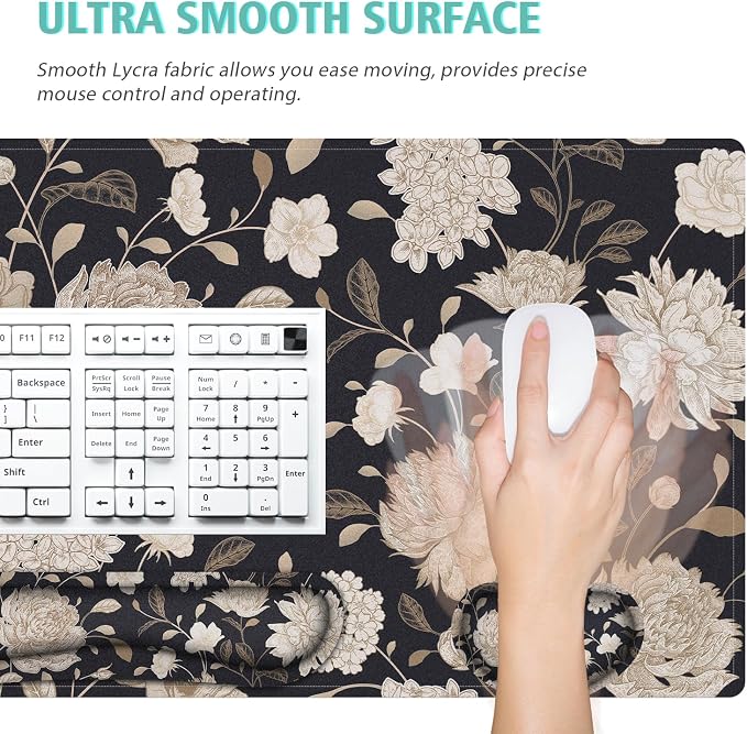 Floral Large Mouse Pad with Wrist Support Set of 4,Large Gaming Mouse Pad+Keyboard Rest+Mouse Wrist Rest+Coaster,Ergonomic Mouse mat,Anti-Slip,Memory Foam Desk Mat for Home Office Gaming (Rose)