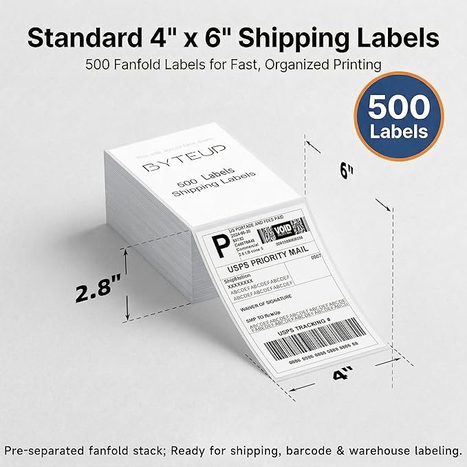 4x6 Direct Thermal Shipping Labels, 500 Fanfold Labels, Strong Adhesive Shipping Label Paper, Water Oil Scratch Resistant, BPA & BPS Free, FSC Certified, for Most Direct Thermal Printers.