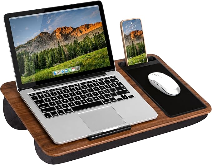 LAPGEAR Home Office Lap Desk – Espresso Woodgrain, Fits 15.6” Laptops | Built-In Mouse Pad & Phone Slot, Integrated Device Ledge, Dual-Bolster Microbead Cushion, Carry Handle