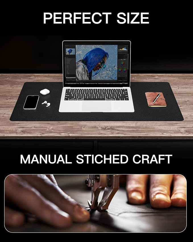 YSAGi Genuine Leather Desk Mat, 23.6"x13.8" Office Desk Pad, Thick Desk Pad Mat with Stitched Line, Non-Slip Desk Mat with Rubber Base (Black, 23.6"x13.8")