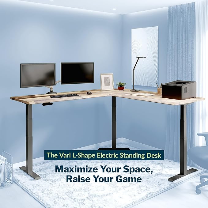 Vari ComfortEdge 80x80 L-Shape Electric Standing Desk – Height Adjustable Sit-Stand VariDesk for Corner Office with Reversible Left/Right Design + Reclaimed Wood Top/Slate Legs (Ships in 4 Boxes)