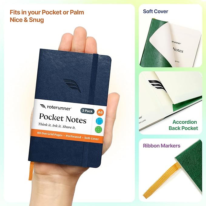 Roterunner A6 Pocket Notebook (Bold Classic) 3 Pack 3.5x5.5 Dotted Mini Notebook Journal 100Gsm Perforated Paper, Work Gym Travel Journal Notebook, Leather Small Notebook Numbered with Notes Index