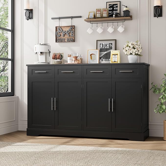 HOSTACK 60" W Sideboard Buffet Cabinet with Storage, Kitchen Cabinet, Black | 36 Tall Kitchen Buffet Storage Cabinet with 4 Drawer, Large Coffee Bar Cabinet, Modern Buffet Table for Dining Living Room