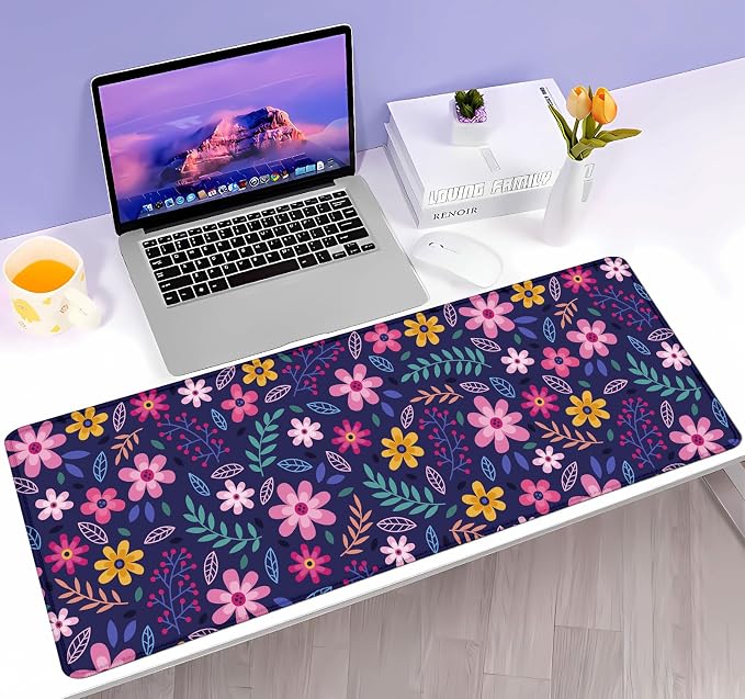 Purple Pink Flowers Desk Mat, Daisy Floral Extended Large Gaming Mouse Pad, Non Slip Rubber Base Stitched Edge Desktop Desk Pad for Computer, Christmas and Thanksgiving Gifts, 31.5 x 11.8 in