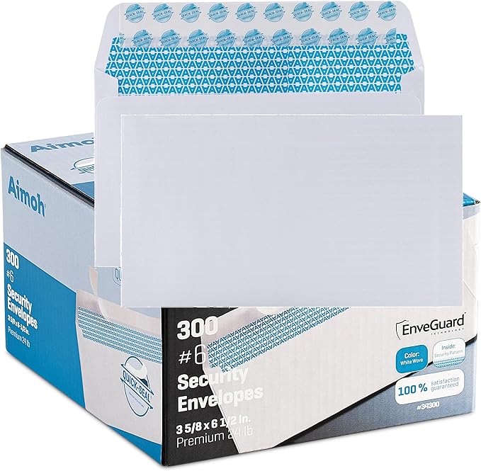 Aimoh 300#6 3/4 Security Tinted Self-Seal Envelopes - No Window, EnveGuard, Size 3-5/8 X 6-1/2 Inches - White - 24 LB - 300 Count (34300)