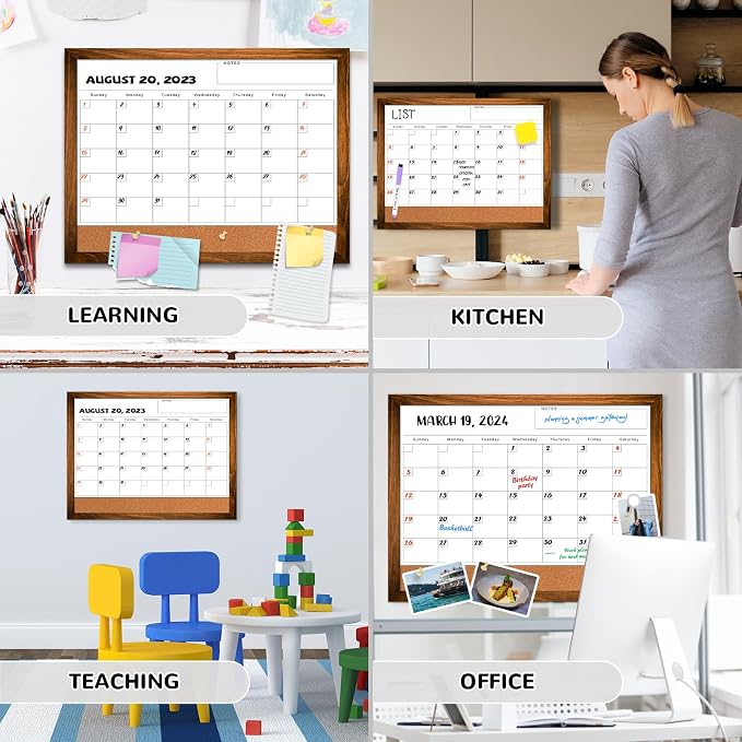 White Board Calendar Dry Erase Board for Wall, Magnetic WhiteBoard, 17"x13" | Hanging Board, Brown Wood Frame White Board and Cork Board Combo, Calendar Bulletin Board for Kitchen Planner Memo Office