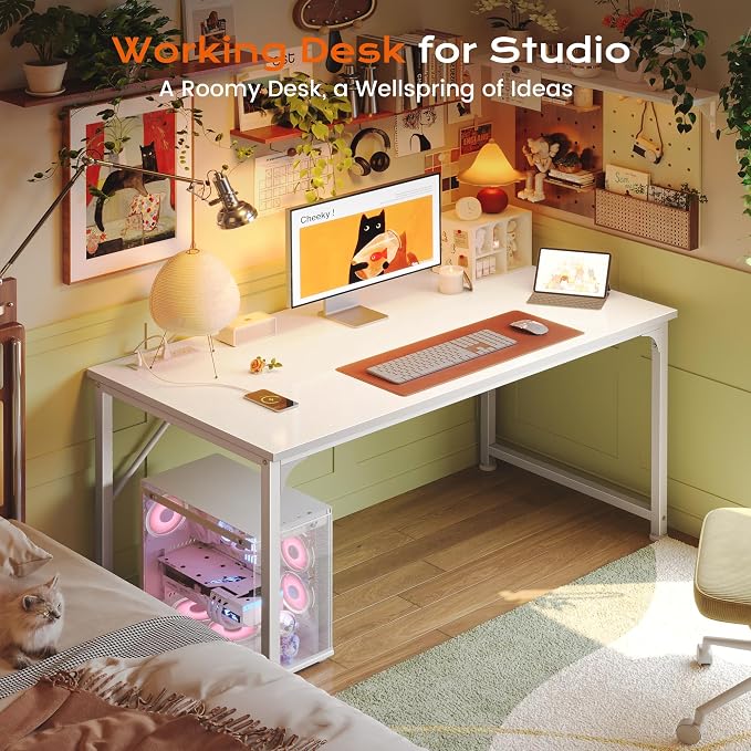 47 X 24 Inch Deeper Desk with Power Outlets | Computer Desk for Bedroom, Office Desk for Work from Home, Writing Study Gaming Table, Stable Metal Frame, White