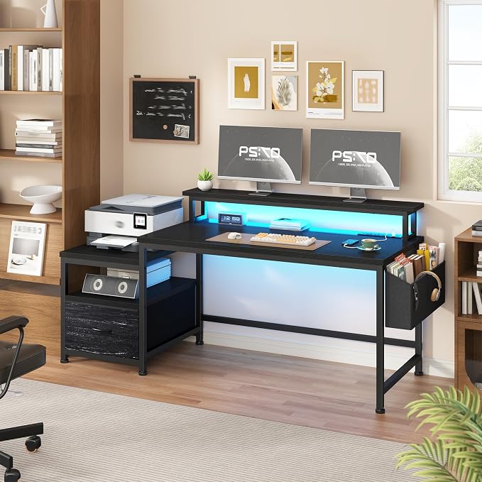 EnHomee 56.5" Office Desk with Drawers & Printer Space for Home Work,Black | Computer Desk with 3 AC Outlets& 2 USB Ports,Waterproof LED Strip Lights,Monitor Stand & Side Pockets,Home Office,Bedroom