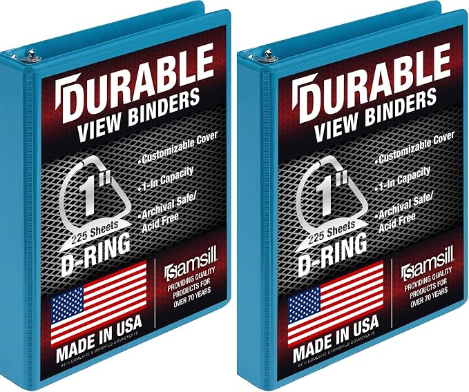 Samsill Durable 1 Inch Binder, D Ring Binder, Customizable Clear View Cover, Blue Coconut, Holds 225 Pages (Pack of 2)