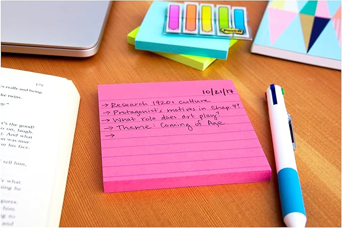 Post-it Super Sticky Lined Notes,6 Sticky Note Pads,4 x 4 in.,Ideal for Organization in Your Dorm,Home or Office,Energy Boost Collection,(Pack of 12)