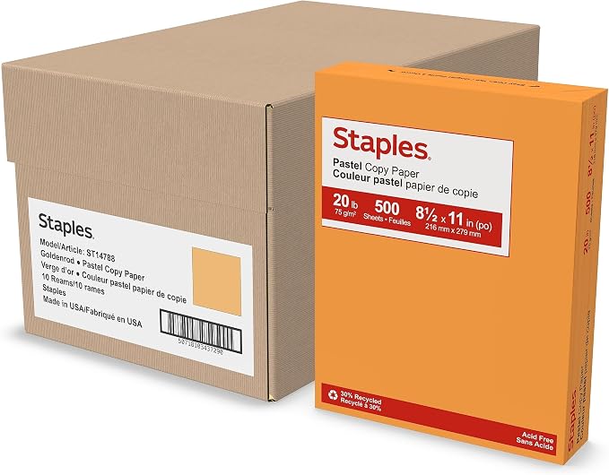 Staples Pastel 30% Recycled 8.5" x 11" Color Copy Paper, 20 Lbs., Goldenrod, 5000 Sheets/Carton