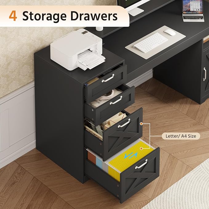 63" Black Computer Desk with 4 Drawers & Outlets for Home Office, Bedroom | Executive Desk with Printer Stand, Monitor Stand, Home Office Desks with Power Outlets, Storage Shelves, Black