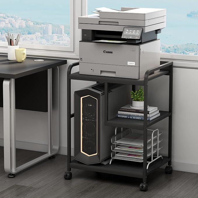 Fannova Printer Stand with Storage Shelf for PC Computer Tower CPU Shredder | Table for 22"x18" Large Printer, Rolling Printer Cart with Wheels for Home Office Organization, Black Color