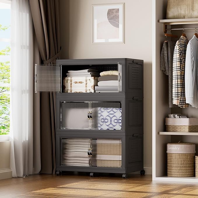 SAILUN 579Qt Stackable Storage Bins,Storage Cabinet with a Lid,3 Pack Black | Stackable Storage Drawers with Lids,33.5" W x 19" D x 53" H,Featuring open-front Access for Clothes and Closet Storage