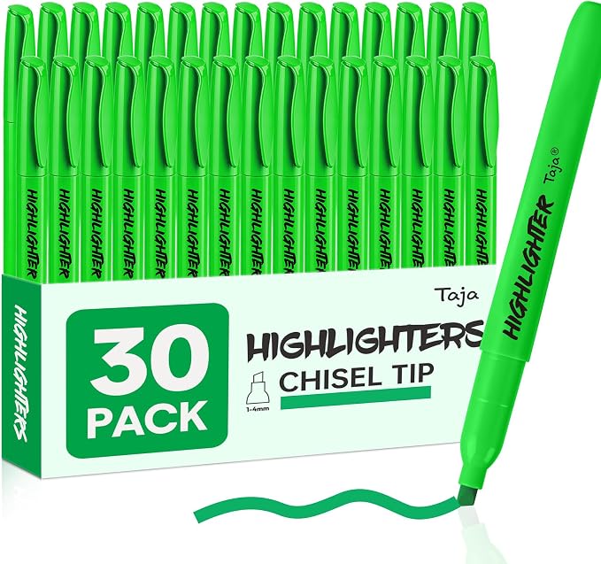 Taja 30 Pack Highlighters, Green, Chisel Tip with No Bleed Ink | Highlighters with Smooth Broad & Precise Lines, Ideal for Journaling & Note Taking, Study Essentials and Office Supplies
