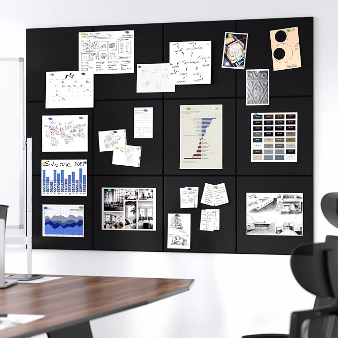 Large Cork Board for Wall, 48" x 36" Bulletin Board with Pushpins, 12 Panels Felt Tiles Tack Push Pin Board for Office, Black