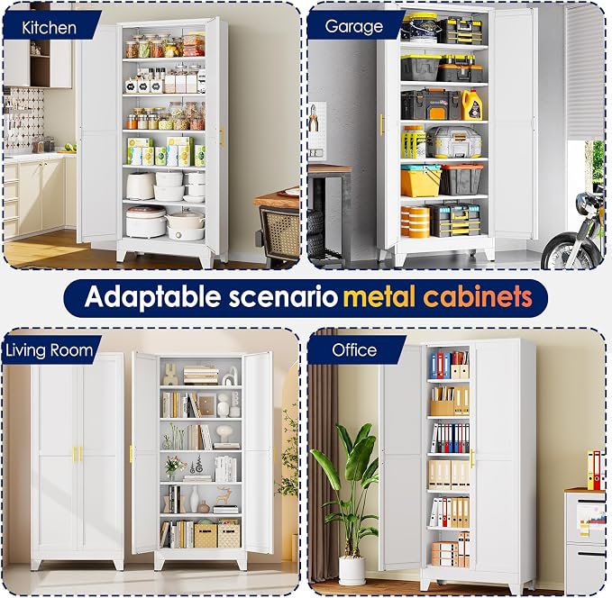 erosoei 75" H Metal Garage Storage Cabinet, Metal Pantry Cabinet with 2 Doors, Locker Steel Cabinet with 5 Adjustable Shelves, Freestanding Cupboard for Garage,Office,Home,Gym,School