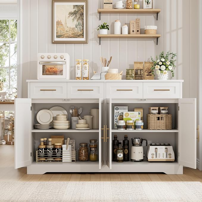HOSTACK 60" W Sideboard Buffet Cabinet with Storage, Kitchen Cabinet, White | 36 Tall Kitchen Buffet Storage Cabinet with 4 Drawer, Large Coffee Bar Cabinet, Modern Buffet Table for Dining Living Room