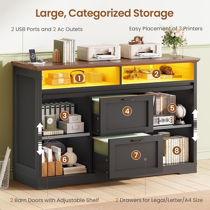 SEDETA 47.2" File Cabinet, 2 Drawers Filing Cabinets for Home Office fit Legal/Letter/A4 File, Farmhouse File Cabinet with Barn Door & Power Outlets, Printer Stand with Storage & LED Lights, Black