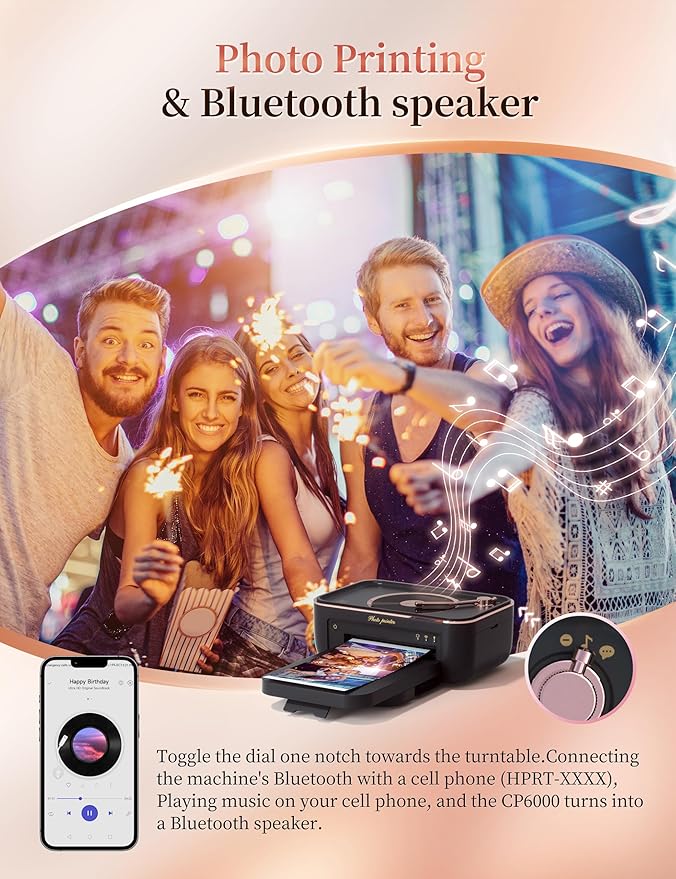 HPRT Photo Printer 4x6,+20 Sheets&1Ribbon Black, Audio Function Thermal Dye-Sublimation Printer，Portable Instant Picture Printer for iPhone, Android, AR Video Printing