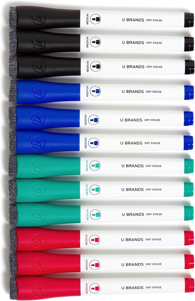 U Brands Dry Erase Markers with Eraser, Whiteboard Markers, Low Odor, Set of 12 (Assorted, Medium Point)