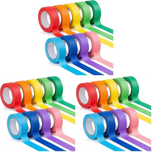 SallyFashion 10Roll Colored Masking Tape, 33 Ft x 1 inch Rainbow Painters Tape for Crafts & Labeling, Craft Supplies for Kids, Teachers, and Office, Color Coding, and DIY Projects (Pack of 3)