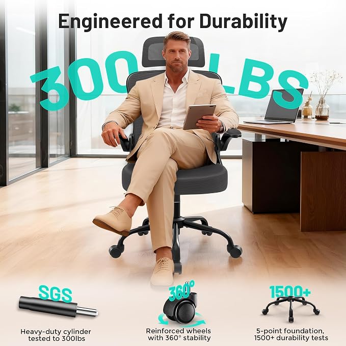 Office Chair - Ergonomic Desk Chair Breathable Mesh Chair with 2D Headrest & Adjustable Lumbar Support - Executive High Back Rolling Swivel Computer Gaming Chair with Wheels Flip-up Armrests