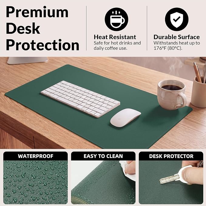 AFIING Cork Desk Mat, Dark Green, 31.5" x 17",Desk pad Protector | Dual-Sided Cork & PU Leather, Waterproof, Non-Slip, For Office & Gaming