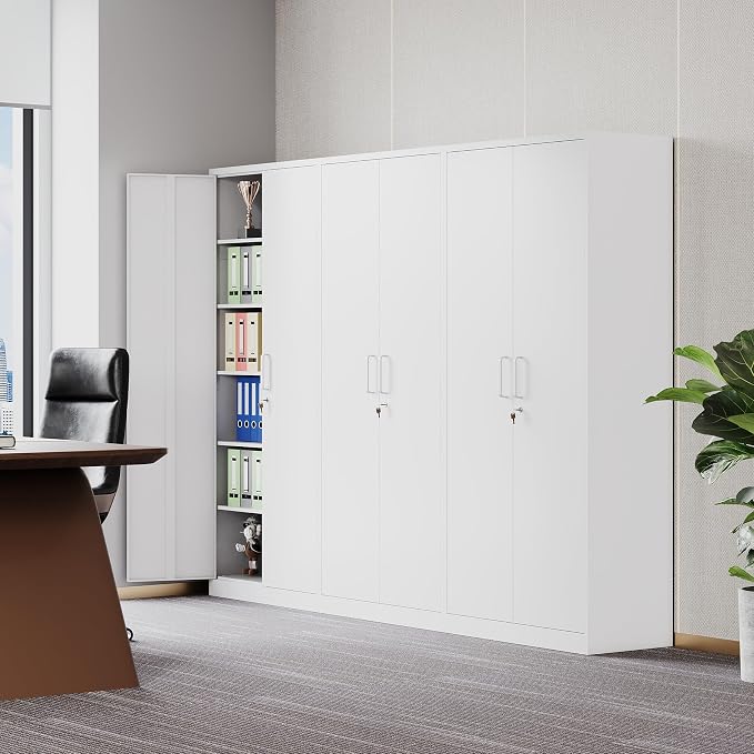 Metal Storage Storage Cabinet with 5 Adjustable Shelves,White Metal Cabinet with Locking Doors,Steel Pantry Cabinet with Lock,71" Lockable Storage Cabinet for Home,Office,Garage,Kitchen,Shop