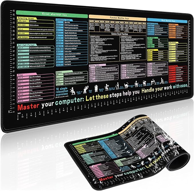 Excel Cheat Sheet Desk Pad 31.5x11.8-Large Waterproof Desk Mat with Inch Scale,Contain 12 Types of Common Skill in Excel&Word, Excel Shortcut Mousepad for Office Computer(Common Office Software 01)