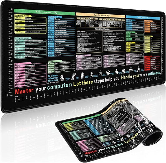 Excel Cheat Sheet Desk Pad 31.5x11.8-Large Waterproof Desk Mat with Inch Scale,Contain 12 Types of Common Skill in Excel&Word, Excel Shortcut Mousepad for Office Computer(Common Office Software 01)