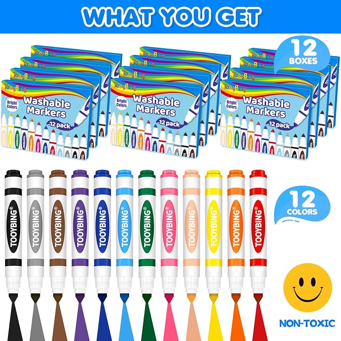 Washable Markers Bulk (144 Count, 12 Box), Broad Line Markers for Kids with Conical Tip, Assorted Colors, Drawing Essentials for School Classroom, Student Must Have for Coloring, Art Craft Supplies