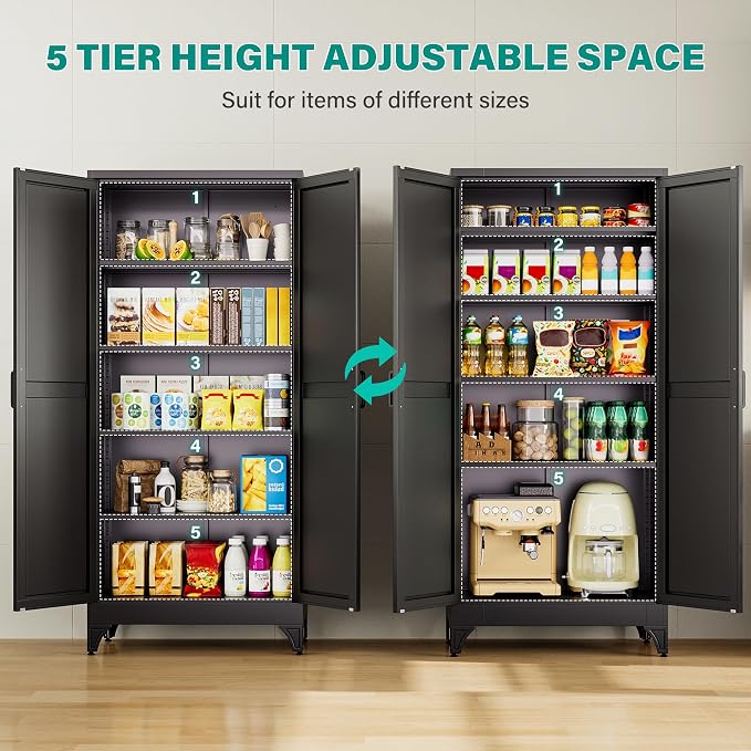 Pantry Storage Cabinets with 2 Doors and 5 Shelves,Tall Storage Cabinet,Large Cupboard Closet,Farmhouse Storage Cabinet for Home,Kitchen,Dining/Living Room (White, 71" H)