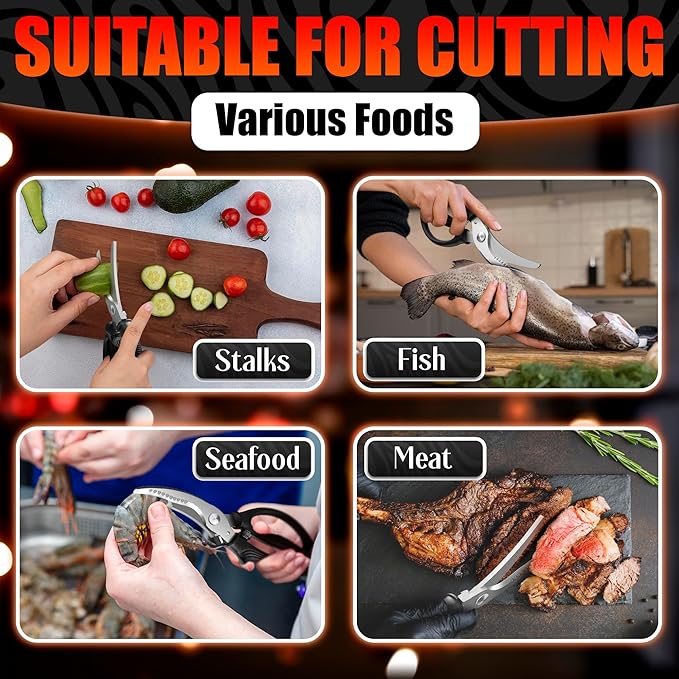 Poultry Shears Heavy Duty – Stainless Steel Chicken Shears with Spring Loaded Design, Non-Slip Serrated Edge & Safety Lock, Dishwasher Safe – Bone Cutting Scissors for Turkey, Poultry & Spatchcock