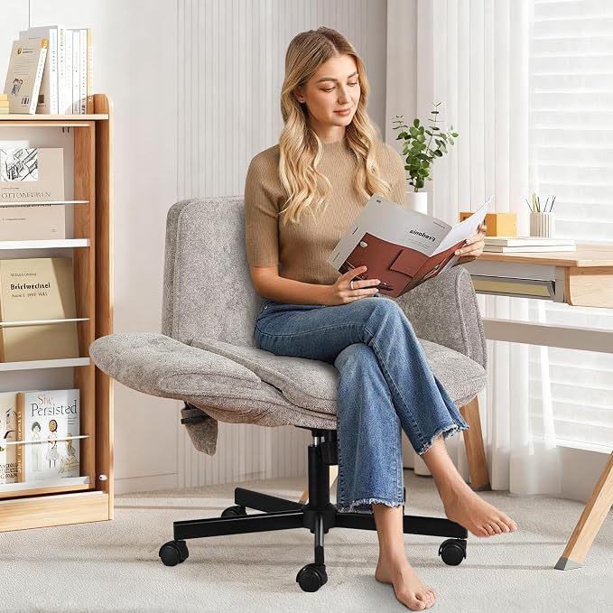 Criss Cross Chair with Lumbar Airbag & Folding Arms Relieve Back Pain, Wide Cross Legged Office Chair for Home Office, Comfy Swivel Desk Chair with Wheels, 5 Level Adjustable Armrest, Chenille(Grey)
