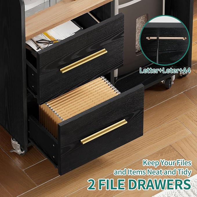 YITAHOME File Cabinet with Charging Station | Printer Table Cabinet for Home Office, Printer Stand Cart, Fits A4, Letter, Legal Size Files, Office Furniture, Black