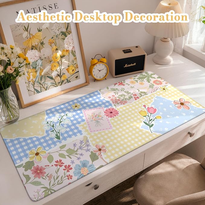 iCasso Aesthetic Checkered Desk Mat with Floral Design, Butter Yellow | XXL Mouse Pad and Keyboard Mat, Cute Flower Mousepad for Grily Desktop Decor, Office Home Laptop Accessories