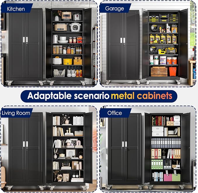 erosoei 75" H Metal Garage Storage Cabinet, Rolling Tool Cabinet with 2 Doors and Wheels, Locker Steel Cabinet with 5 Adjustable Shelves, Organization Cabinet for Garage,Office,Home,Gym,School（Black）