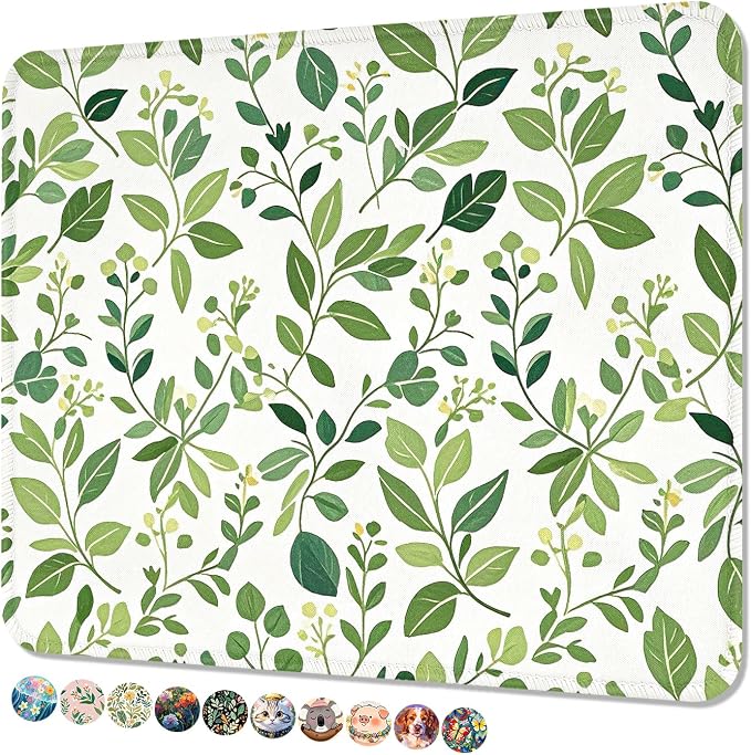 Mouse Pad, Cute Mouse Mat, 10" x 8", Cute Green Leaf -04 | Square Waterproof Gaming Computer Mat, Textured Top, Stitched Edges, Non-Slip Rubber Base for Office Home Laptop Keyboard