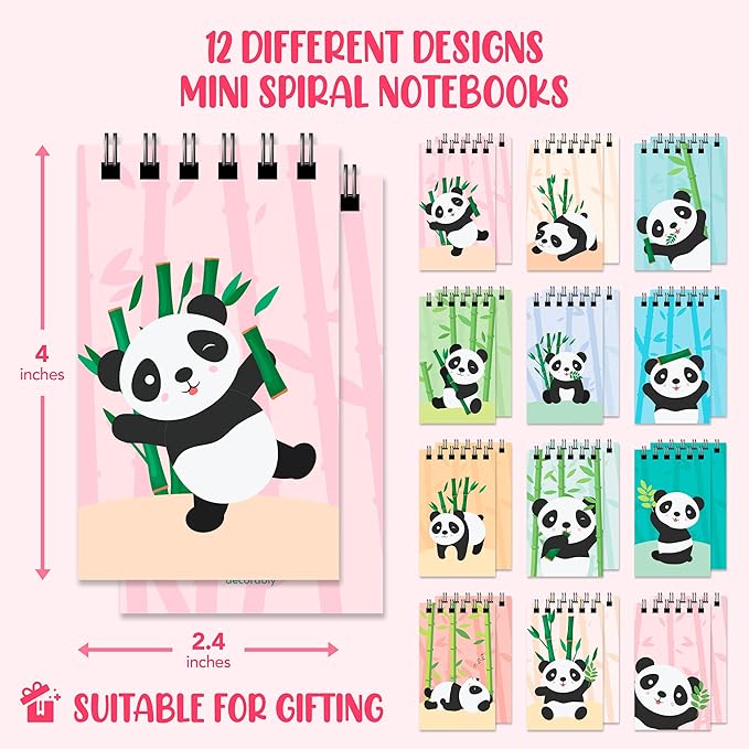 Decorably 24 Pack Panda Party Favors for Kids 8-12 - 12 Adorable Designs 2.4x4in Panda Notepad, Spring Bound 20 Sheets