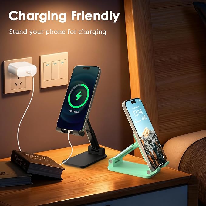 2 Pack Cell Phone Stand for Desk, Adjustable Angle & Height, Foldable Portable Phone Holder with Anti-Slip Silicone Pad, Compatible with iPhone 17/16/15/14/Smartphones 4–8 Inch, Black&Green