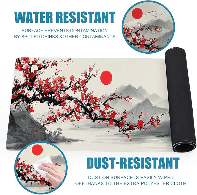 Japanese Large Gaming Mouse Pad, Desk Mat, XL Extended Mousepad with Non-Slip Rubber Base, Big Computer Keyboard Mat for Gamers, Office&Home, 31.5x11.8in, Plum Blossom