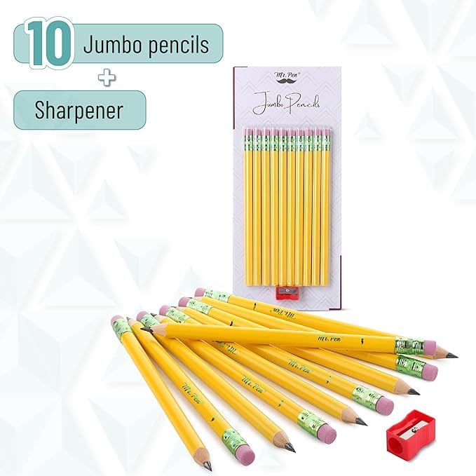 Mr. Pen- Jumbo Pencils for Preschoolers, 10 Big Pencil and 1 Sharpener, Fat Pencils for Kindergarten, Large Pencil