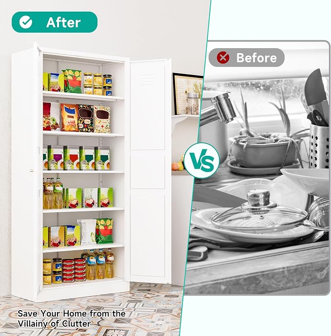 71" Tall Pantry Cabinet with 2 Doors and 5 Shelves,Kitchen Pantry Storage Cabinets,White Metal Storage Cabinet,Wide Deep Food Cupboard for Home,Kitchen,Dining/Living Room