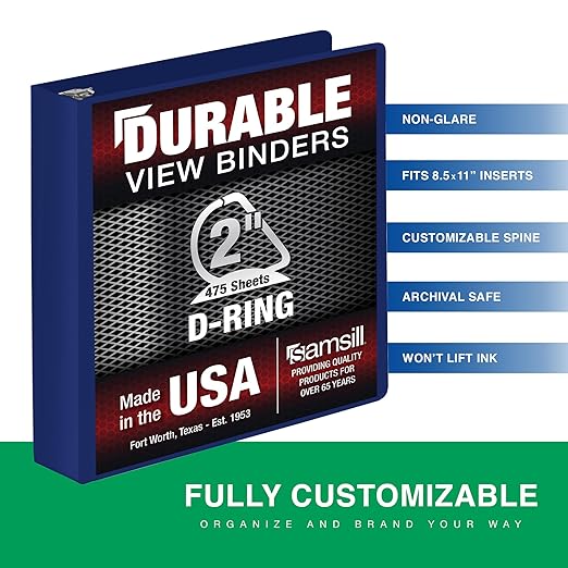 Samsill Durable 2 Inch Binder, D Ring Binder, Customizable Clear View Cover, Dark Blue, Holds 475 Pages