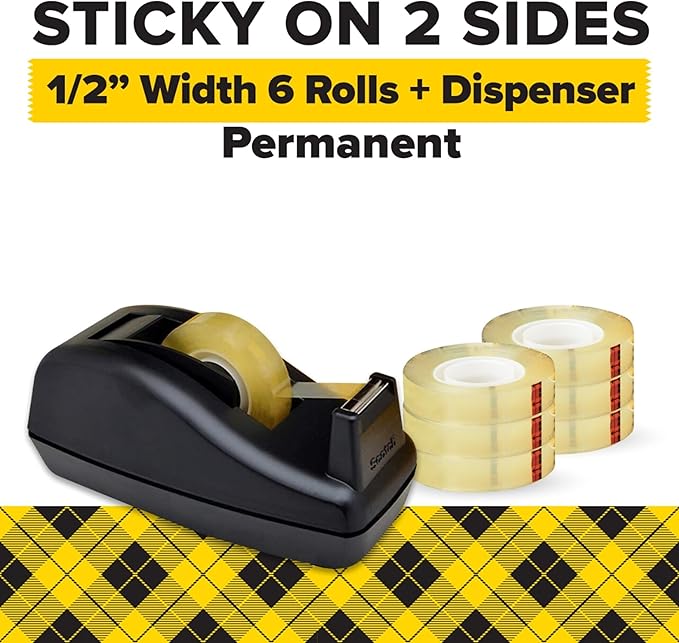 Scotch Double Sided Tape with Tape Dispenser, Office and School Supplies for Arts and Crafts, Alternative to Scrapbooking Tape, 0.50 in. x 900 in., 1 Dispenser and 6 Refill Tape Rolls