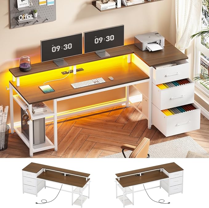 SEDETA 59" Office Desk with Drawers, Reversible Computer Desk with File Drawers & Storage, Gaming Desk with LED Lights & Power Outlet, Home Office Desks for Printer, White and Brown